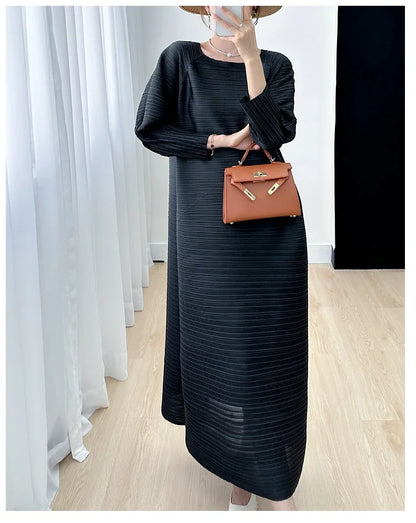 2023 Women's Miyake Pleated Long Dress – Full Sleeve, Round Neck, Korean Fashion, Plus Size Summer Style