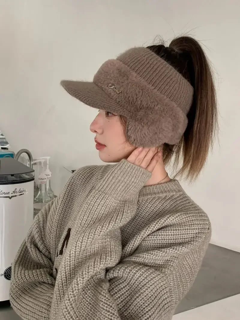 Winter Hats for Women 2023 – Fashionable Knitted Earflap Baseball Cap, Windproof Ponytail Visor for Outdoor Sports