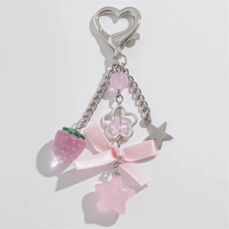 Cute Strawberry Bow Keychain - Y2K Pink Star Flower Tassel Heart Phone Charm Pendant for Women & Girls