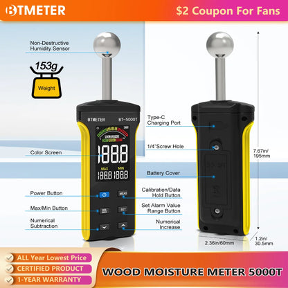 BT-5000T Pinless Wall Humidity Detector - 20–40mm Wood Moisture Meter with WET/RISK/DRY Alarm & Wall Surface Testing