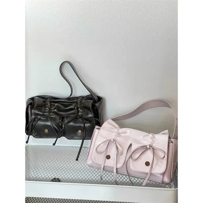 2024 Distressed PU Leather Rivet Bow Shoulder Bag – Pleated Underarm Luxury Handbag for Women