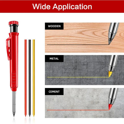 Complete Carpenter Pencil Set - Includes 6 Refill Leads and Built-in Sharpener - Ideal Marking Tool for Woodworking and Deep Hole Precision - Mechanical Pencils