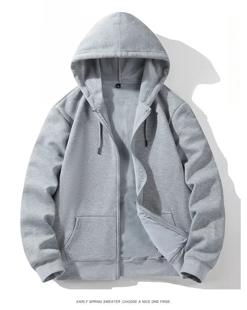 Zipper Hooded Sweatshirt – Autumn Winter Fleece-Lined Cotton Cardigan for Men & Women, Solid Color Y2K Style