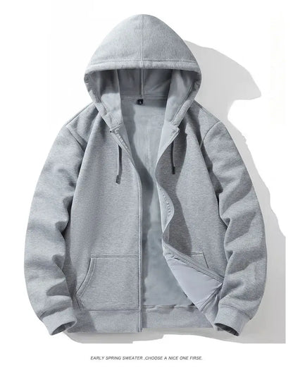 Zipper Hooded Sweatshirt – Autumn Winter Fleece-Lined Cotton Cardigan for Men & Women, Solid Color Y2K Style