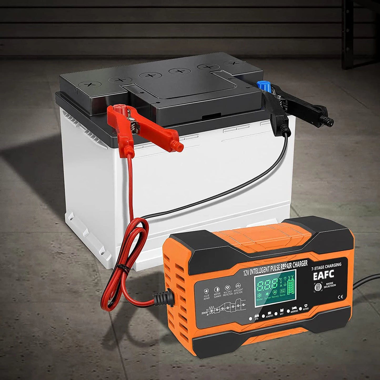 12V/24V Smart Battery Charger — 10A/12A Fast Charger with 7-Stage Pulse Repair for AGM, GEL, WET Lead-Acid Car Batteries