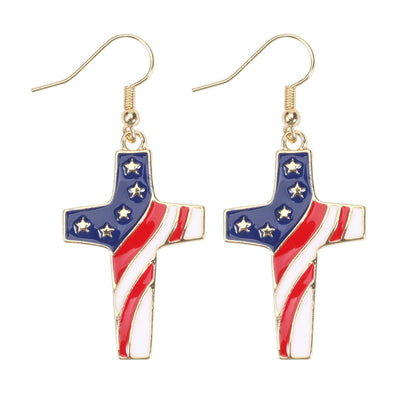 USA Flag Heart Star Cross Earrings - Patriotic Independence Day Dangle Jewelry for Women