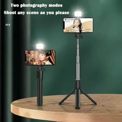 Wireless Bluetooth Selfie Stick & Tripod Stand – Fill Light with Remote Shutter for iPhone, Samsung, Xiaomi, Live Streaming Phone Holder