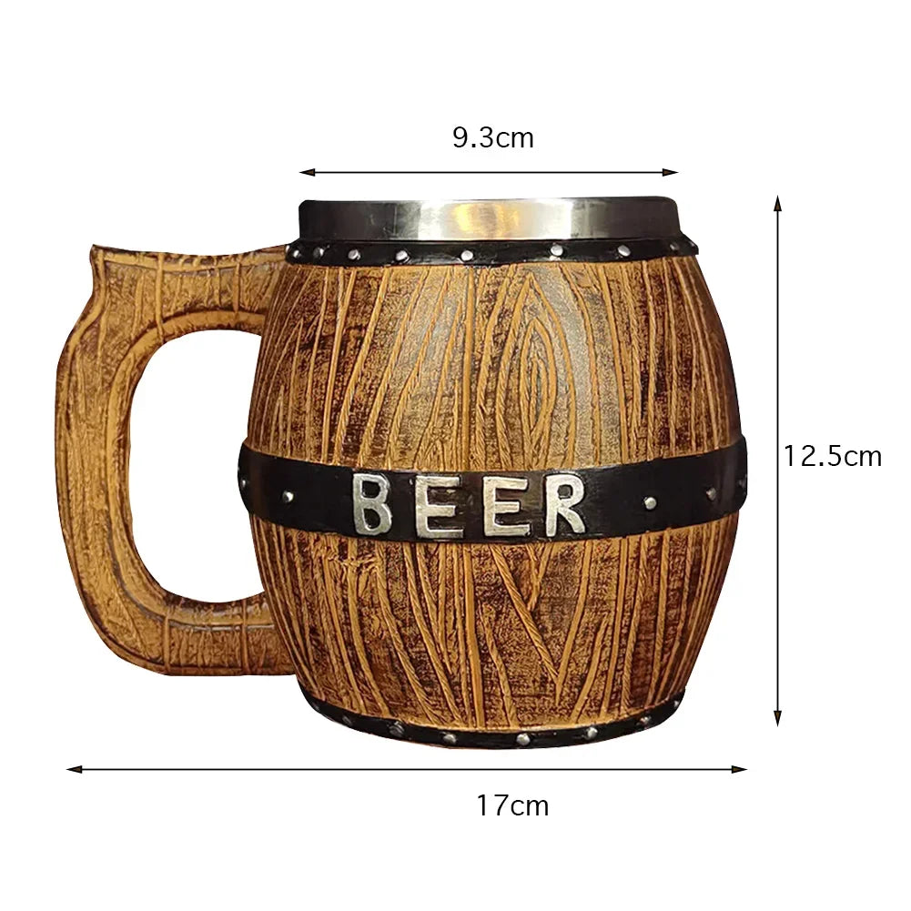 Viking-Style Wooden Beer Mug – Insulated Metal Barrel Cup for Drinks (1PCS)