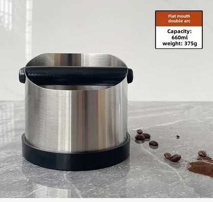 Stainless Steel Coffee Knock Box – Non-Slip Espresso Ground Bin with Rubber Ring and Beveled Design