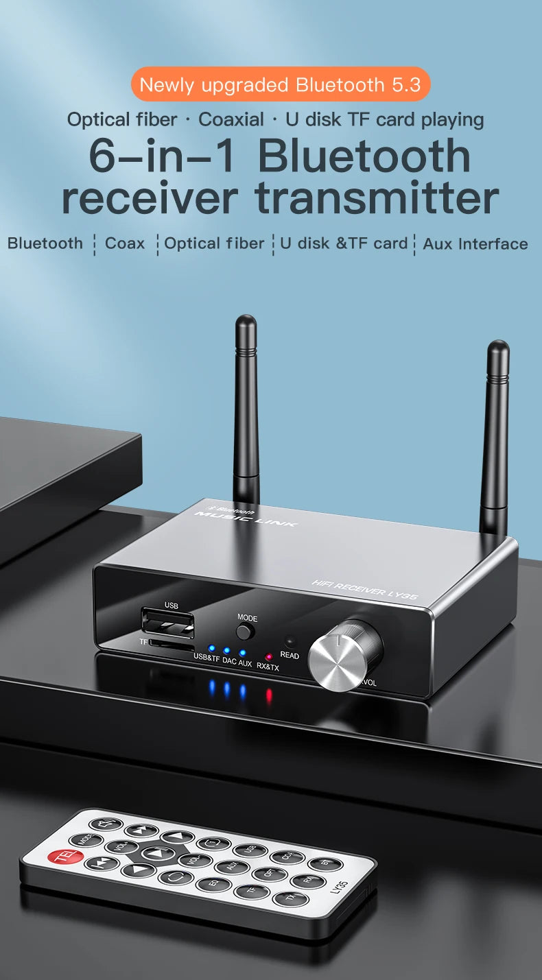 Bluetooth 5.3 Receiver Transmitter | Low Latency Stereo AUX 3.5mm, Optical, Coaxial Wireless Audio Adapter USB for TV & PC