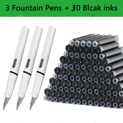 33PCS Kawaii Fountain Pen & Ink Set - Black Blue Red EF 0.38mm Replaceable Ink Pens for School Office Writing Supplies