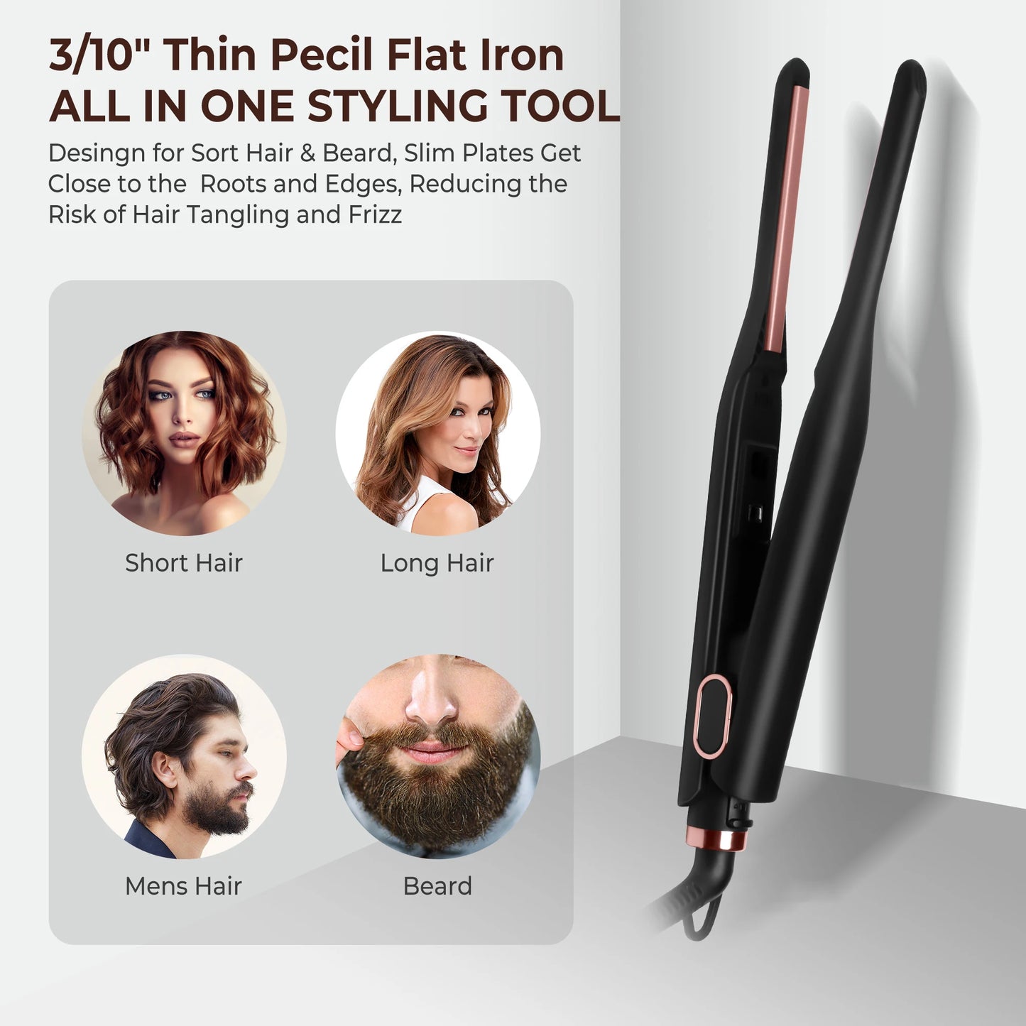 Mini Pencil Flat Iron for Short Hair, Ceramic Hair Straightener, Tiny Straightening Iron, Beard Straightener for Men & Women