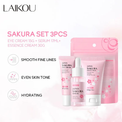 3pcs LAIKOU Vitamin C 24K Golden Sakura Skincare Set – Moisturizing Face Cream, Serum & Eye Cream