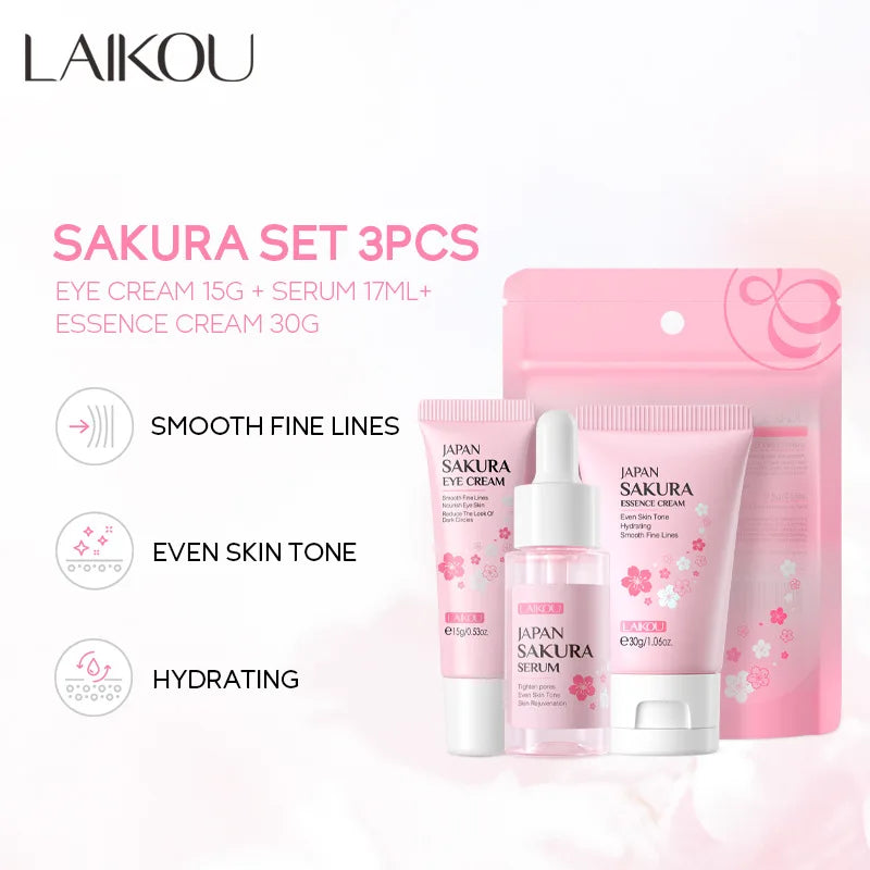 LAIKOU 3pcs Vitamin C & 24K Gold Sakura Skincare Set — Moisturizing Face Cream, Serum & Eye Cream, Anti-Wrinkle Face Care Kit