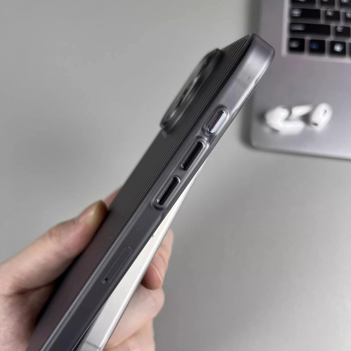 Titanium Stripe iPhone Case - Shockproof Hard Armor Cover with Metal Buttons for iPhone 13–16 Pro Max
