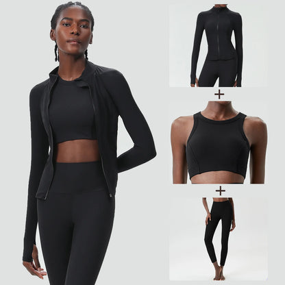 3PCS Women’s Fitness Yoga Set – Solid Color Ribbed Long Sleeve Top & High Waist Leggings, Breathable Workout Sportswear