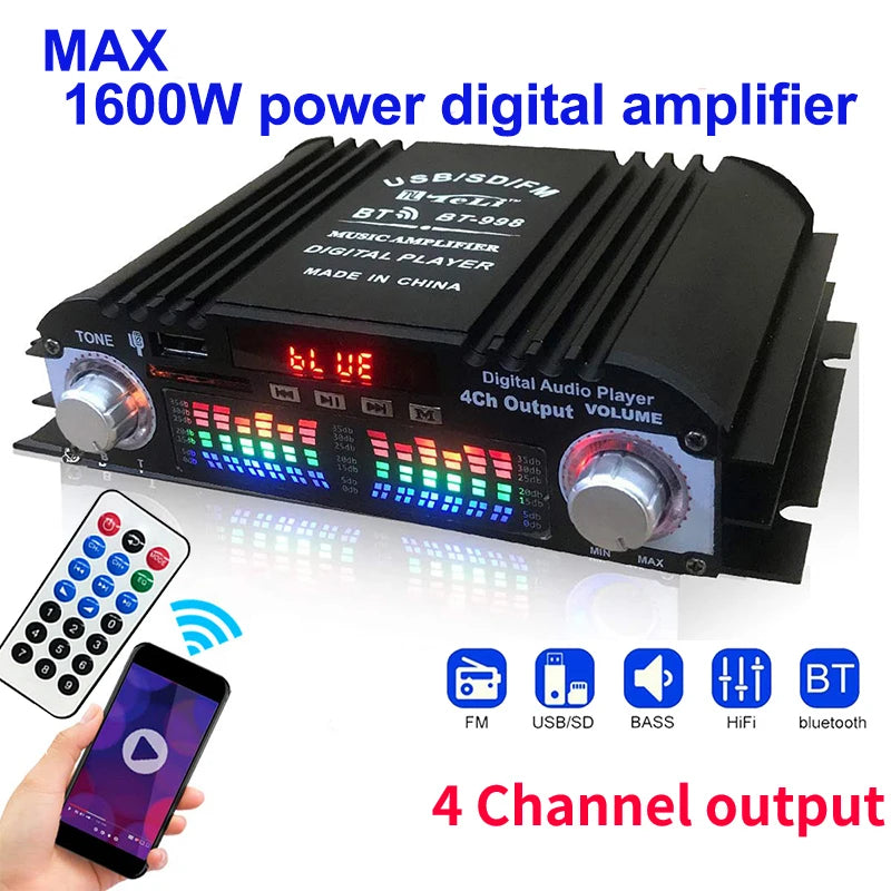 1600W Peak Power HiFi 4-Channel Digital Audio Amplifier – Bluetooth Karaoke Player with FM Radio & Remote Control