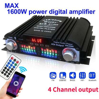 1600W Peak Power HiFi 4-Channel Digital Audio Amplifier – Bluetooth Karaoke Player with FM Radio & Remote Control