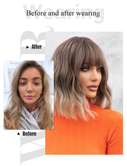 Women’s Grey Wavy Bob Wig with Bangs — Short Blonde Ombre Synthetic Hair with Dark Roots for Daily Wear