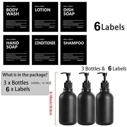 3 Pack 500ml Soap Dispenser Bottles with Labels – Kitchen & Bathroom Shampoo, Conditioner, Liquid Soap Containers