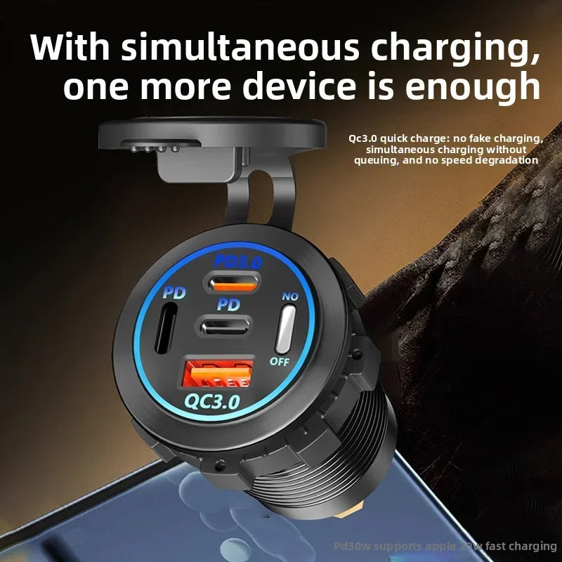 USB Car Charger 12/24V - Dual Socket PD3.0 & QC3.0 Fast Charging Station with LED Voltmeter Switch