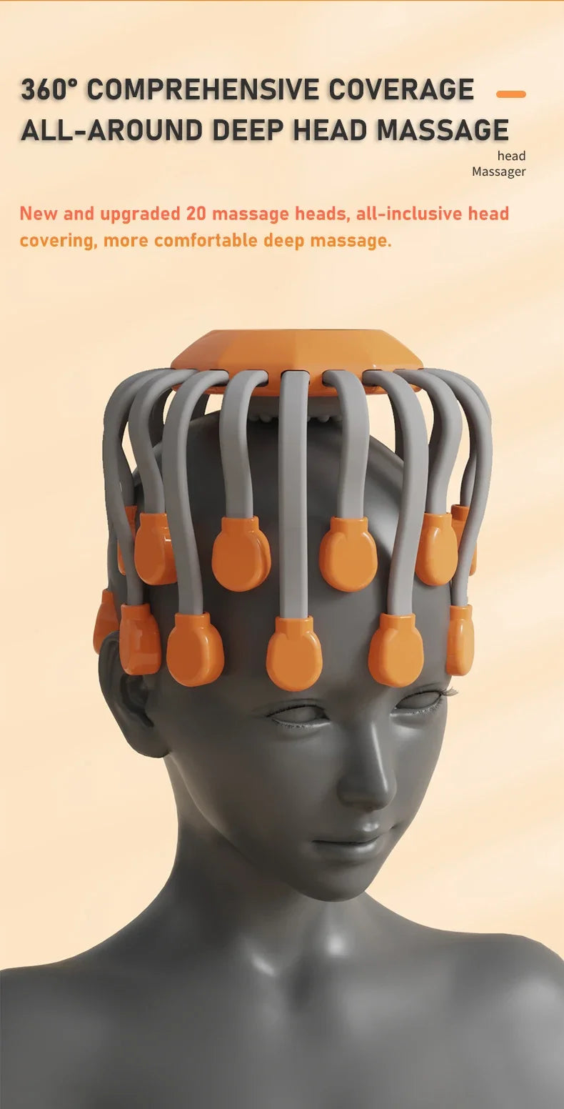 20-Head Orange Scalp Massager – Red Light Vibrating Octopus Scratcher for Relaxation, Stress Relief & Migraine Relief