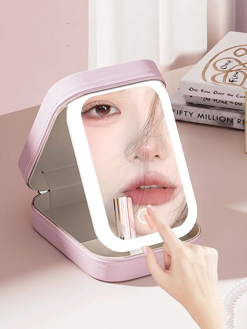 LED Makeup Bag with Mirror – Portable Cosmetic Storage for Women, Small Lipstick & Brush Organizer with Wireless Light