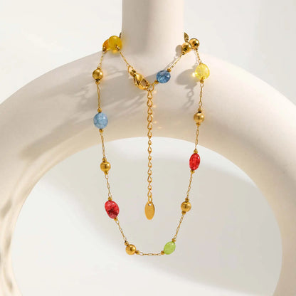 Colorful Rainbow Stone Boho Necklace - Stainless Steel Beaded Y-Shaped Chain Jewelry for Women’s Fashion Style