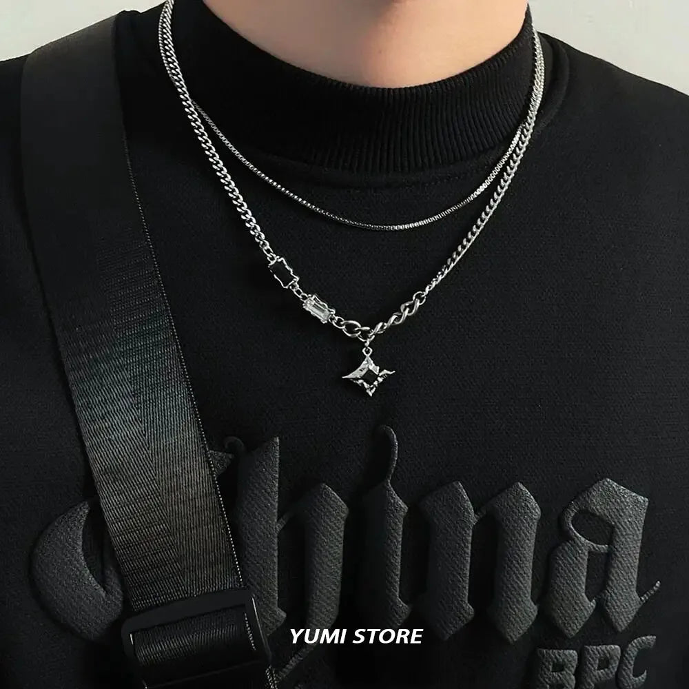 Hip Hop Zircon Star Double Layer Necklace - Titanium Steel Pendant Chain for Men & Women, Unisex Trendy Jewelry