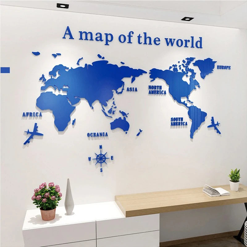 3D Acrylic World Map Wall Stickers – Three-Dimensional Mirror Decals for Bedroom & Office Decoration
