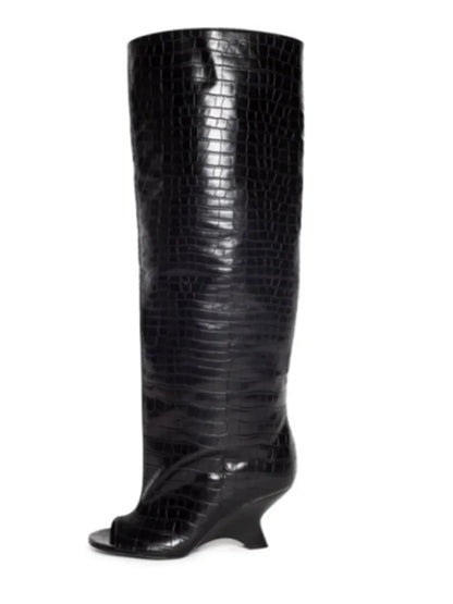 2025 Women’s Fish Mouth Knee-High Boots – Thick Slant Heel Fashion High Heels Spring Summer Large Size