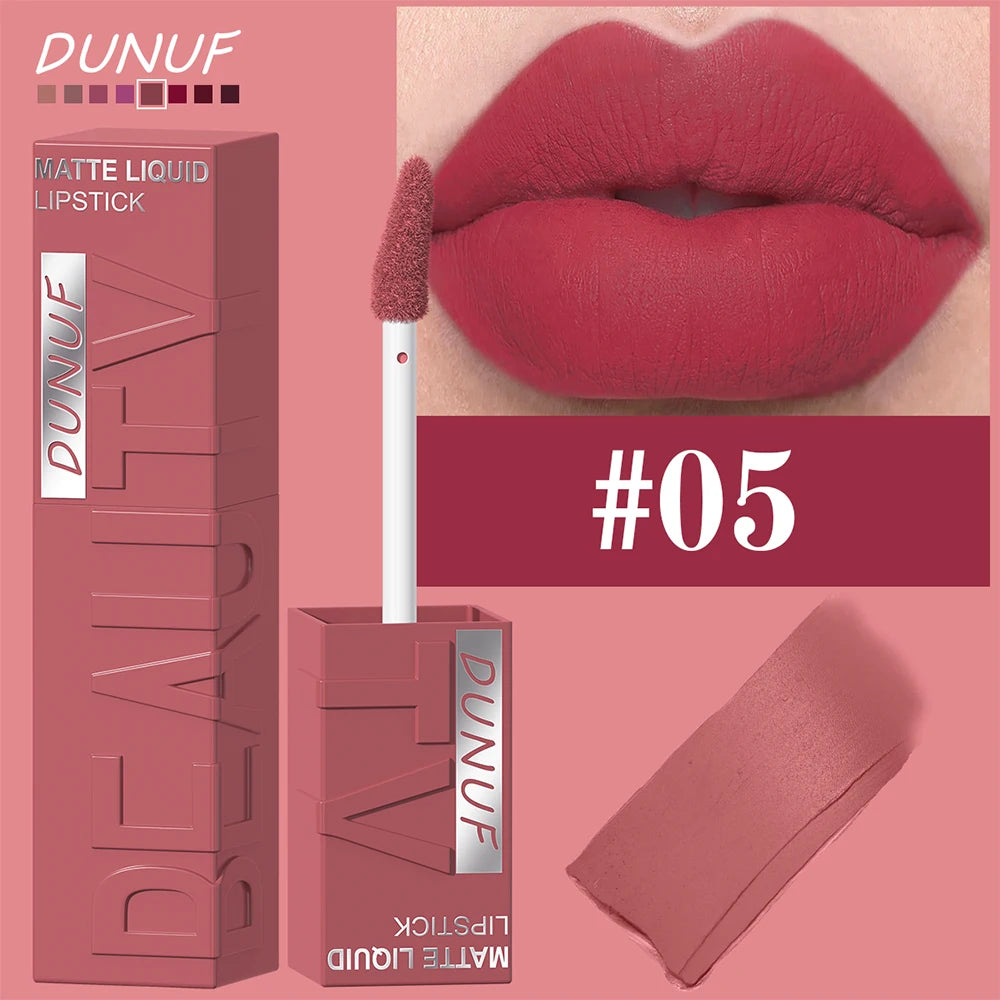 DUNUF Matte Velvet Lipstick - 8 Color Waterproof Plumping Square Tube Lip Gloss Makeup
