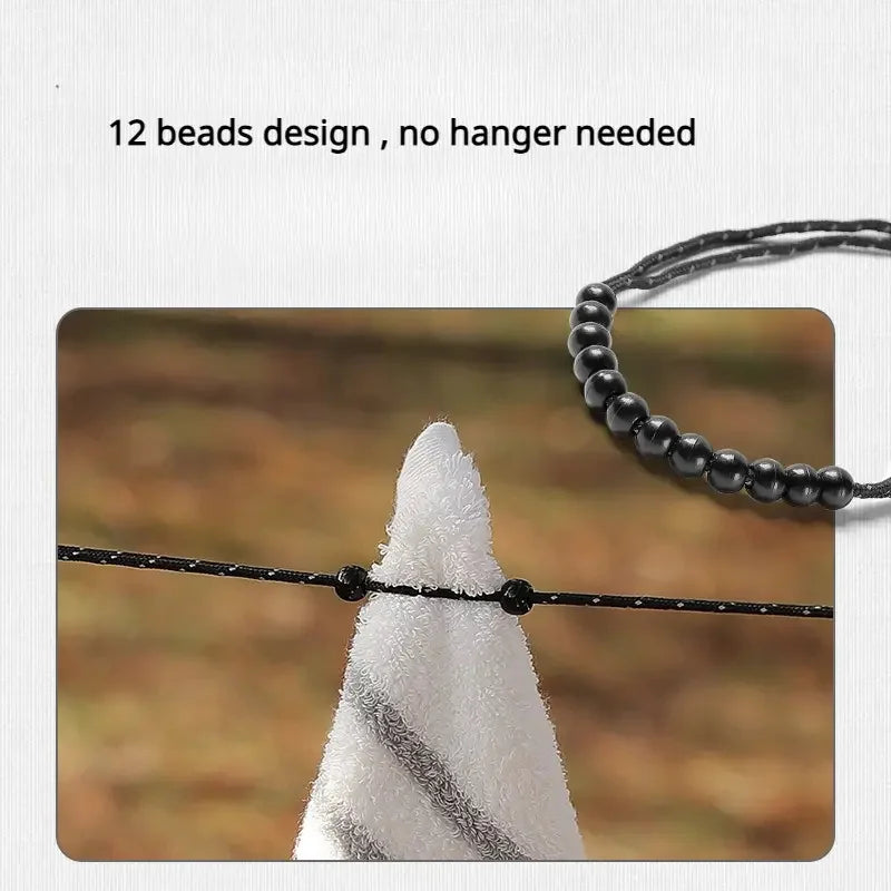 3M Outdoor Camping Retractable Clothesline — Laundry Drying Rope with 12 Bead Clips for Hanging Clothes