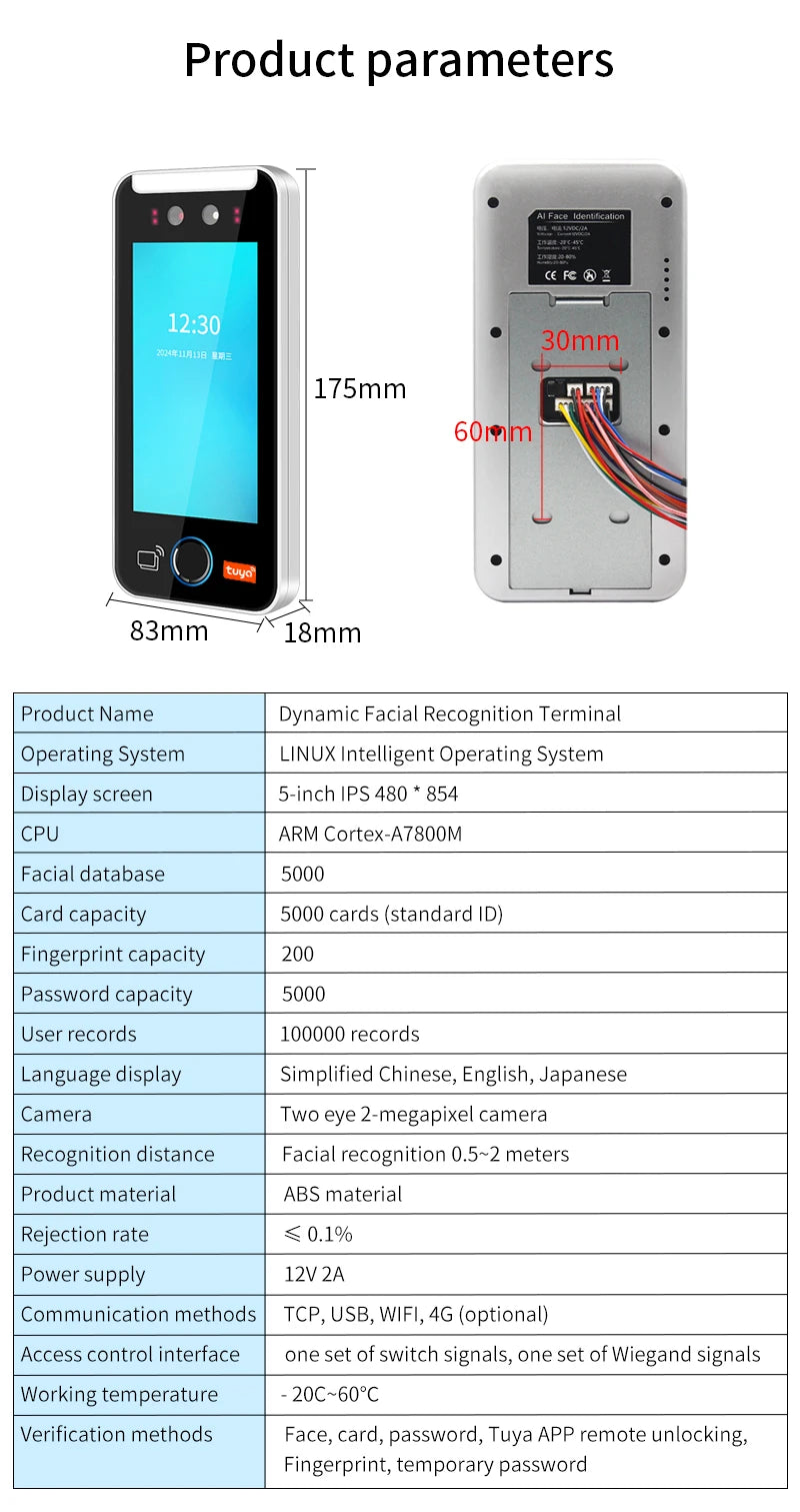 Asia Teco 5-Inch Face Recognition Access Control – WiFi TCP/IP Attendance Machine with Tuya App & Fingerprint Scanner