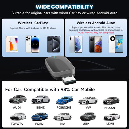 2-in-1 Wired to Wireless CarPlay & Android Auto Adapter — Plug & Play Wireless Car Multimedia Adapter