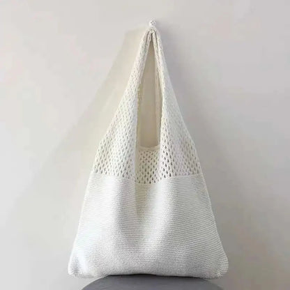 Women’s Crochet Tote Handbag - Retro Knitted Hollow Top Handle Shopper Bag in Solid Colors
