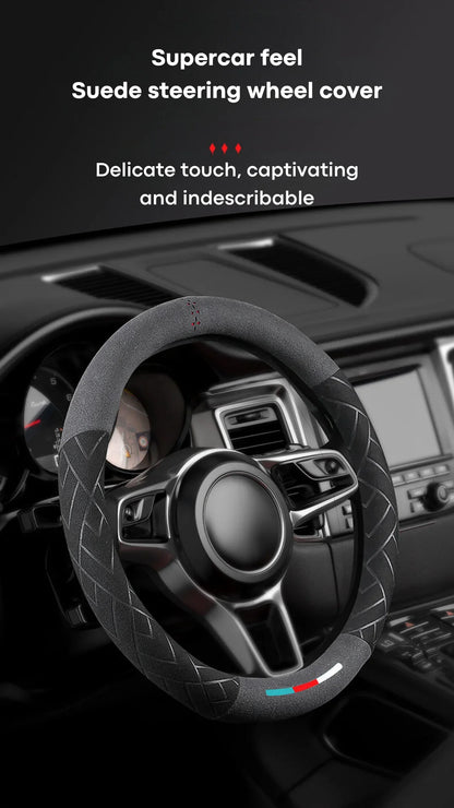 Universal Cowhide Suede Steering Wheel Cover — Breathable 37-38cm Car Accessory Wrap