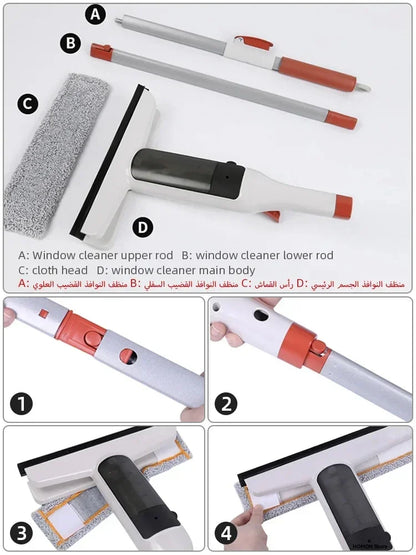 Double-Sided Window Cleaning Tool - Spray Glass Cleaner with Scrubber Handle and Outdoor Squeegee