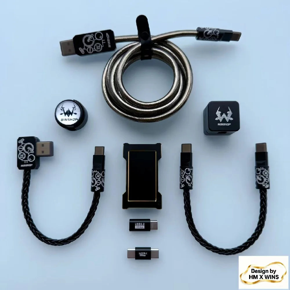 HM&WINS Co-Branded Luminous Gold HUB & Aviation Cable – Trendy Gaming Desk Setup Accessory