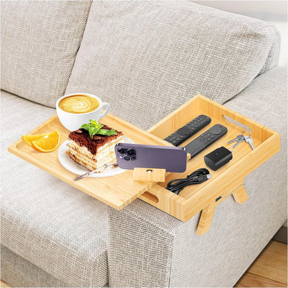 Sofa Armrest Tray with Storage Box – Bamboo Couch Arm Table with 360° Rotating Top & Phone Stand
