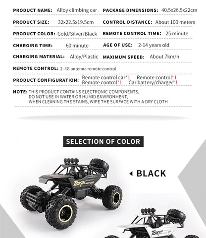 1:12/16 RC Off-Road Truck – 4WD Remote Control Car with Metal Shell & LED Lights for Kids