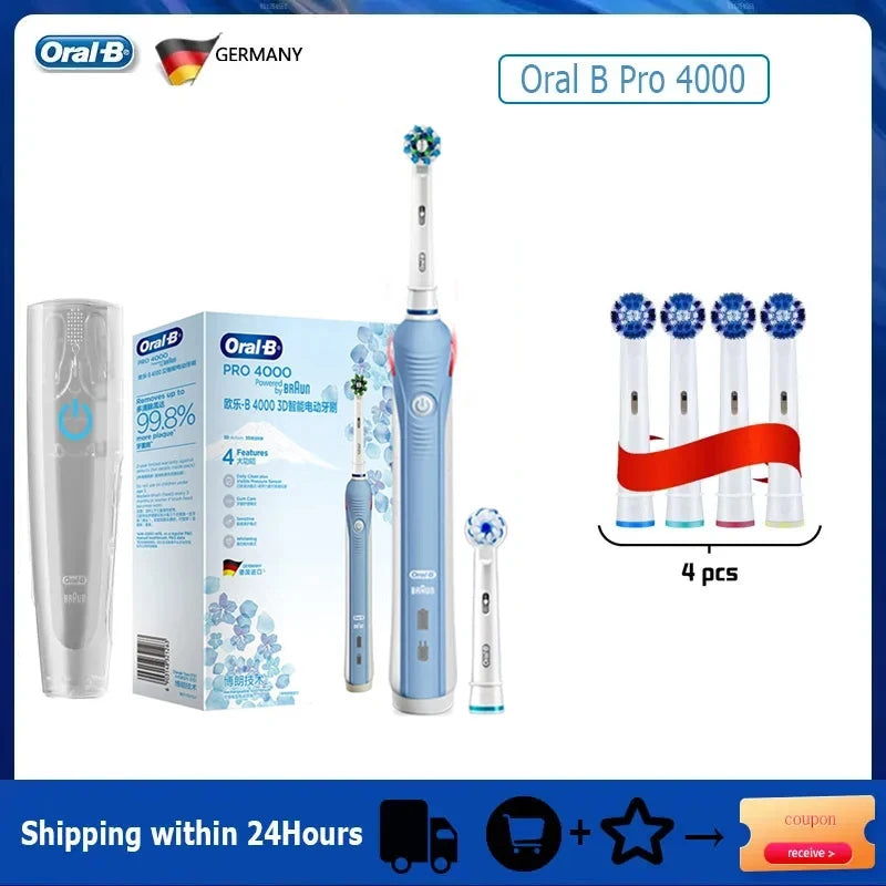 Oral-B Pro 4000 Electric Toothbrush – 3D Action Daily Clean with Pressure Sensor, 4 Modes, Gum Care, Waterproof & Rechargeable