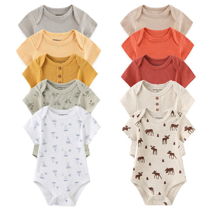 5PCS Newborn Baby Bodysuit Set - Soft Cotton Unisex Baby Clothes with Cartoon Print for Boys & Girls