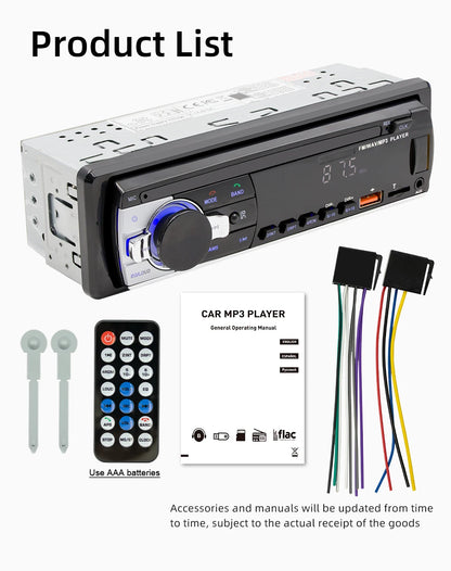 BQCC 530L 1 Din Car Stereo - Bluetooth FM Radio with TF, AUX, USB Fast Charging, LED Display & Remote Control