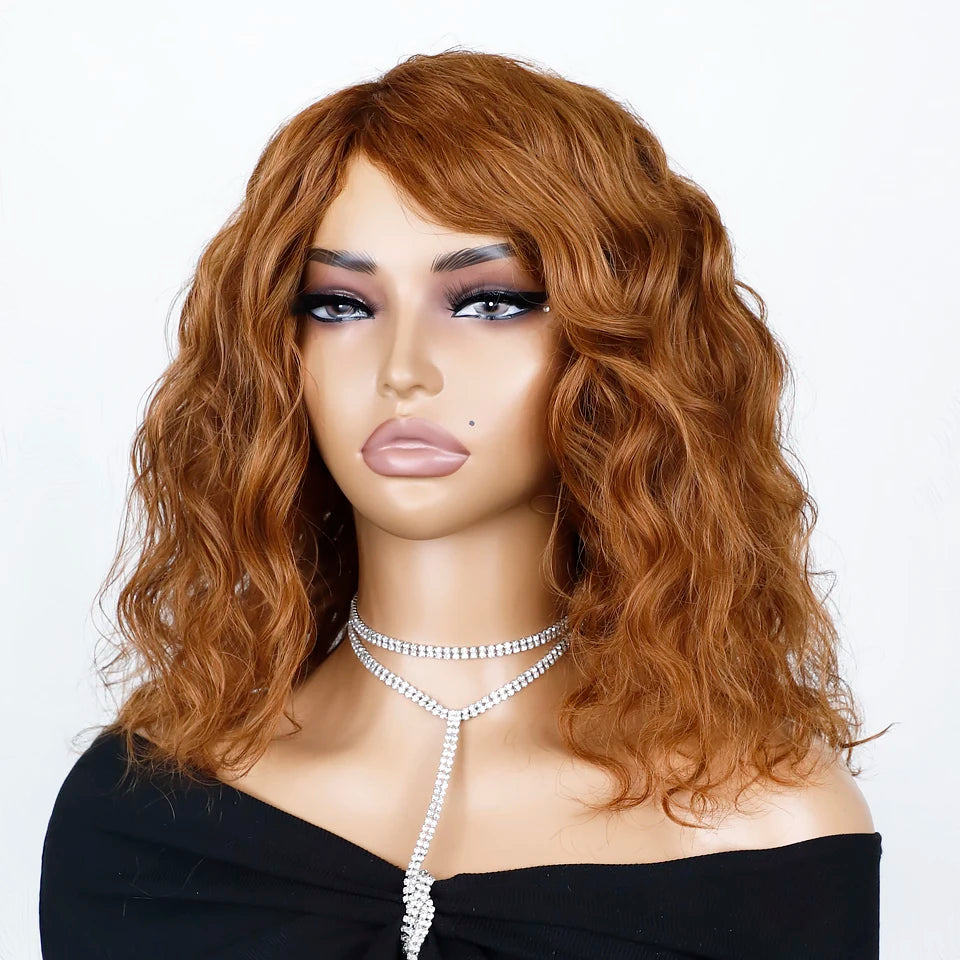 Honey Curly Bob Human Hair Wig — Side Part Pre-Plucked Glueless Brown & Blonde Curly Wig with Fringe Bangs