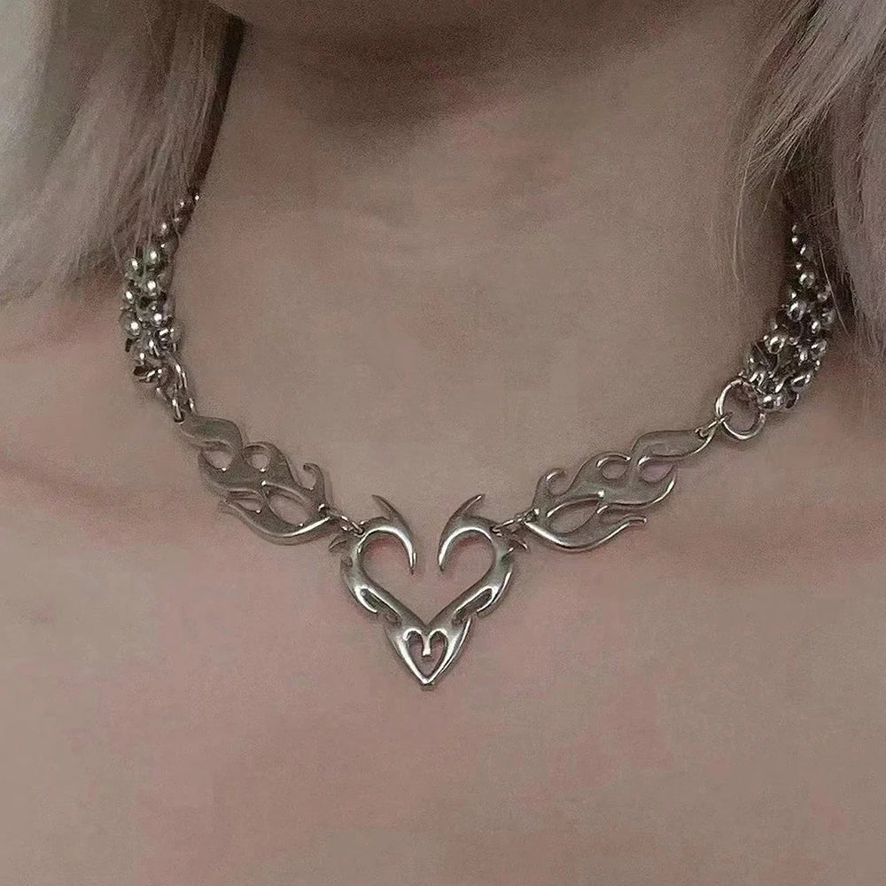 Y2K Punk Silver Flame Heart Pendant - Hip Hop Party Necklace Jewelry Gift for Women