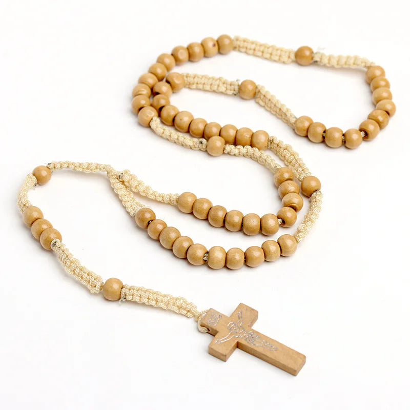 8mm Wooden Rosary Beads Necklace – Catholic Orthodox Cross Pendant, Woven Rope Prayer Chain for Men, Spiritual Gift (Black/Brown/Khaki)
