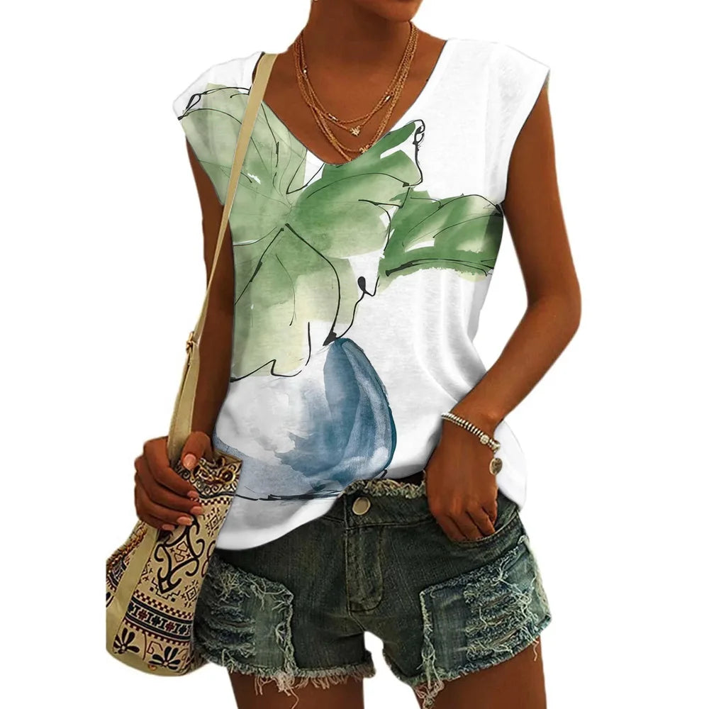 Women’s Floral Print T-Shirt - V Neck Cap Sleeve Loose Fit Summer Beach Top with Breathable Casual Style