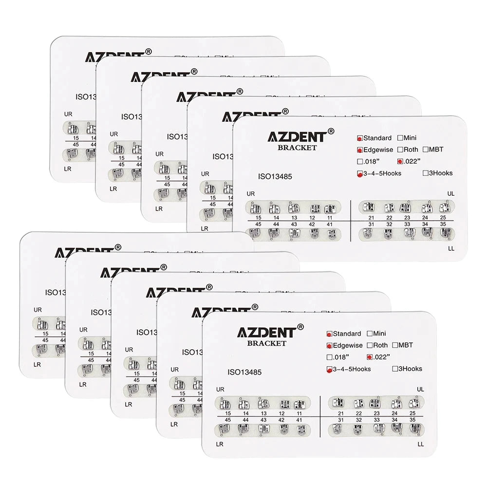 AZDENT 10 Packs Dental Brackets – Orthodontic Metal Mini Standard Roth MBT Slot 0.022/0.018 with Hooks, 20 Pcs per Pack