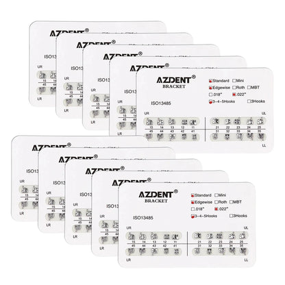 AZDENT 10 Packs Dental Brackets – Orthodontic Metal Mini Standard Roth MBT Slot 0.022/0.018 with Hooks, 20 Pcs per Pack